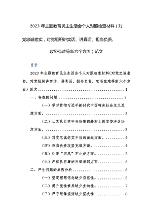 2023年主题教育民主生活会个人对照检查材料（对党忠诚老实对党组织讲实话、讲真话、担当负责攻坚克难等新六个方面）范文.docx