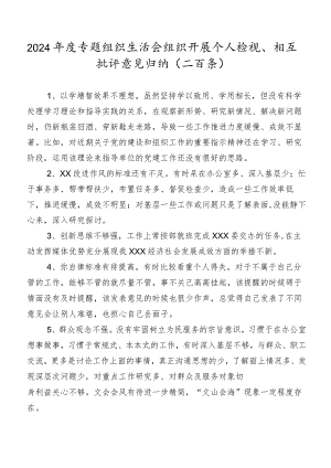 2024年度专题组织生活会组织开展个人检视、相互批评意见归纳（二百条）.docx