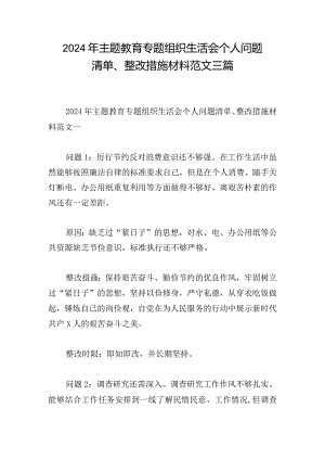 2024年主题教育专题组织生活会个人问题清单、整改措施材料范文三篇.docx