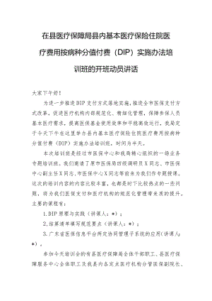 在县医疗保障局县内基本医疗保险住院医疗费用按病种分值付费（DIP）实施办法培训班的开班动员讲话.docx