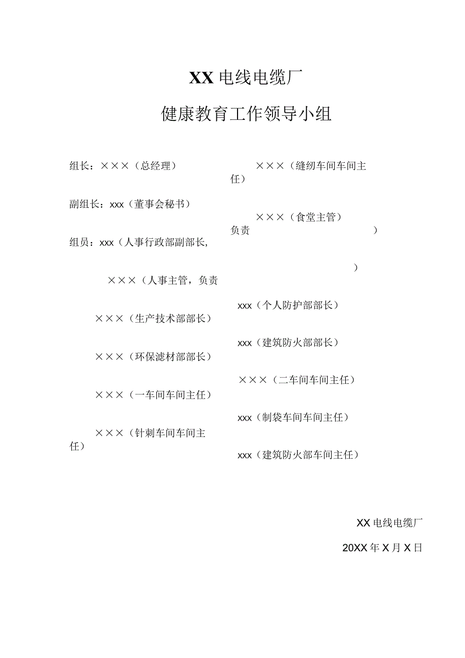 XX电线电缆厂健康教育工作领导小组(2024年).docx_第1页