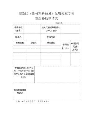 高新区新材料科技城发明授权专利市级补助申请表.docx