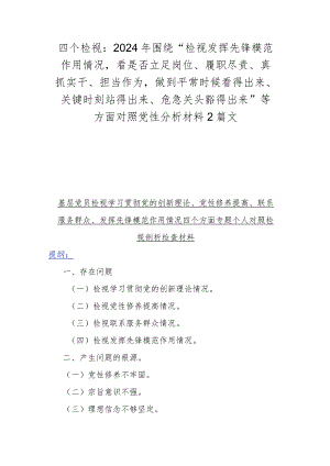四个检视：2024年围绕“检视发挥先锋模范作用情况看是否立足岗位、履职尽责、真抓实干、担当作为做到平常时候看得出来、关键时刻站得出来、.docx