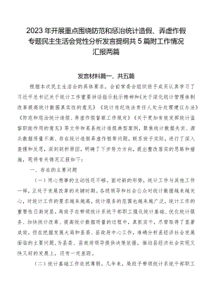 2023年开展重点围绕防范和惩治统计造假、弄虚作假专题民主生活会党性分析发言提纲共5篇附工作情况汇报两篇.docx