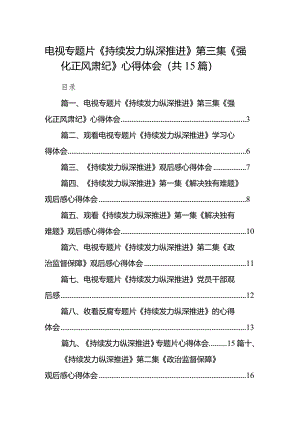电视专题片《持续发力纵深推进》第三集《强化正风肃纪》心得体会(15篇合集）.docx