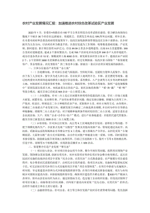 农村产业发展情况汇报：加速推进农村综合改革试验区产业发展.docx