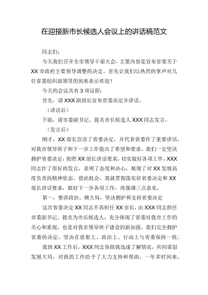 在迎接新市长候选人会议上的讲话稿范文.docx
