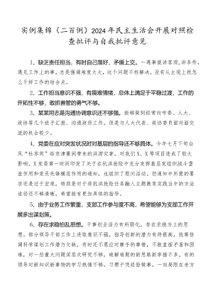 实例集锦（二百例）2024年民主生活会开展对照检查批评与自我批评意见.docx