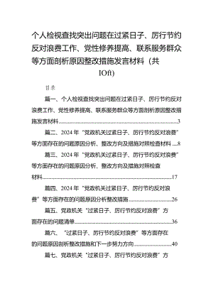 个人检视查找突出问题在过紧日子、厉行节约反对浪费工作、党性修养提高、联系服务群众等方面剖析原因整改措施发言材料10篇（最新版）.docx