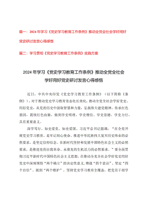 （2篇）2024年学习《党史学习教育工作条例》推动全党全社会学好用好党史研讨发言心得感悟、实施方案.docx