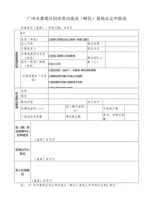 广州市番禺区创业带动就业孵化基地认定申报表.docx
