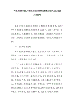 关于某区长落实市委巡察组反馈意见整改专题民主生活会发言提纲.docx