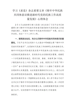 学习《求是》杂志重要文章《铸牢中华民族共同体意识推进新时代党的民族工作高质量发展》心得体会.docx