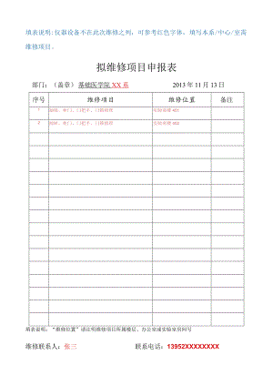 填表说明仪器设备不在此次维修之列可参考红色字体填写本系中心室需维修项目拟维修项目申报表.docx
