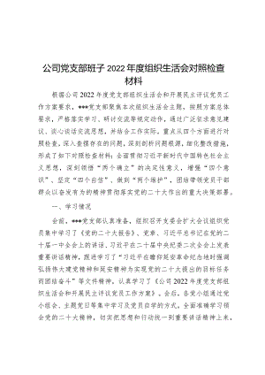 公司党支部班子2022年度组织生活会对照检查材料【】.docx