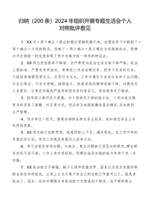 归纳（200条）2024年组织开展专题生活会个人对照批评意见.docx