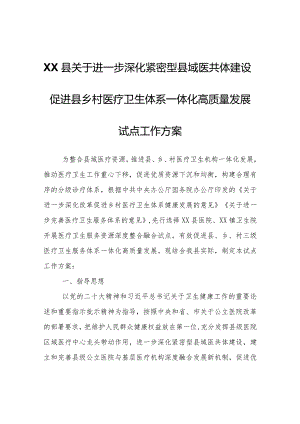 XX县关于进一步深化紧密型县域医共体建设促进县乡村医疗卫生体系一体化高质量发展试点工作方案.docx