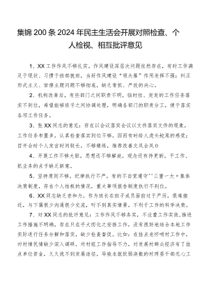 集锦200条2024年民主生活会开展对照检查、个人检视、相互批评意见.docx