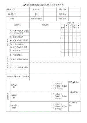 XX新能源科技有限公司应聘人员面试考评表（2023年）.docx