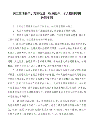民主生活会关于对照检查、相互批评、个人检视意见数例实例.docx