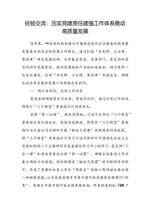 经验交流：压实党建责任建强工作体系推动高质量发展.docx