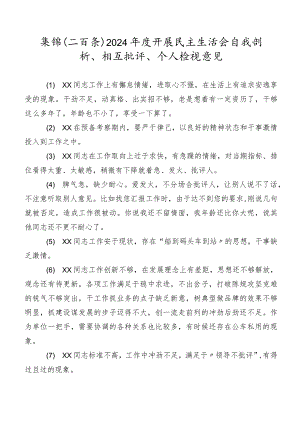 集锦（二百条）2024年度开展民主生活会自我剖析、相互批评、个人检视意见.docx
