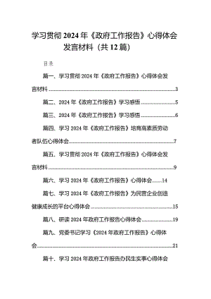 学习贯彻2024年《政府工作报告》心得体会发言材料12篇(最新精选).docx