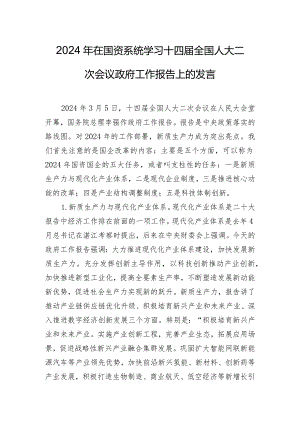 2024年在国资系统学习十四届全国人大二次会议政府工作报告上的发言.docx