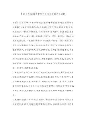 X区长在2022年度民主生活会上的点评讲话【 】.docx
