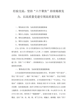 经验交流：坚持“六个聚焦”持续精准发力以高质量党建引领高质量发展.docx