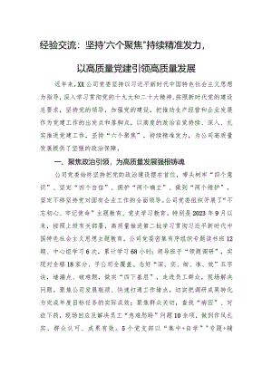 经验交流：坚持“六个聚焦”持续精准发力以高质量党建引领高质量发展.docx