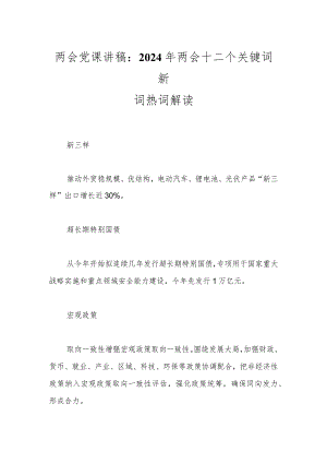 两会党课讲稿：2024年两会十二个关键词新词热词解读..docx
