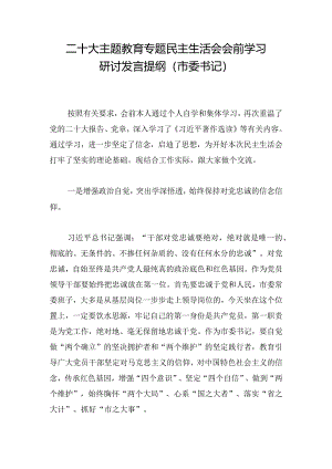 二十大主题教育专题民主生活会会前学习研讨发言提纲（市委书记）.docx