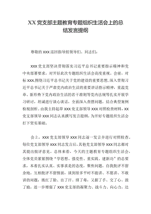 XX党支部主题教育专题组织生活会上的总结发言提纲.docx