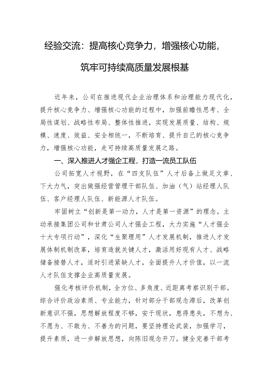经验交流:提高核心竞争力增强核心功能筑牢可持续高质量发展根基.docx_第1页