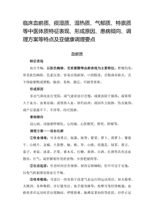 临床血瘀质、痰湿质、湿热质、气郁质、特禀质等中医体质特征表现、形成原因、患病倾向、调理方案等特点及亚健康调理要点.docx