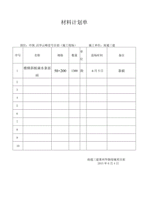 莱州材料计划单(楼梯斜板滴水条面砖).docx