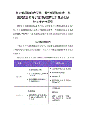 临床低尿酸血症原因、肾性低尿酸血症、基因突变影响肾小管对尿酸转运机制及低尿酸血症治疗原则.docx