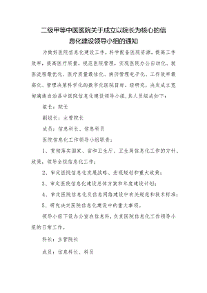 二级甲等中医医院关于成立以院长为核心的信息化建设领导小组的通知.docx