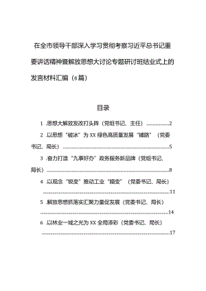 在全市领导干部深入学习贯彻考察xx重要讲话精神暨解放思想大讨论专题研讨班结业式上的发言材料汇编（6篇）.docx