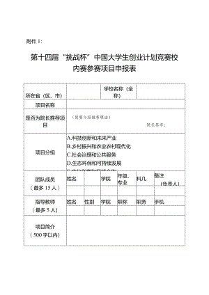 附件1：第十四届“挑战杯”中国大学生创业计划竞赛校内赛参赛项目申报表.docx