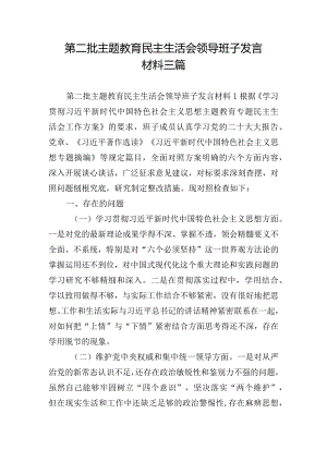 第二批主题教育民主生活会领导班子发言材料三篇.docx