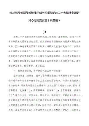 统战部部长副部长统战干部学习贯彻党的二十大精神专题研讨心得交流发言（共三篇）.docx