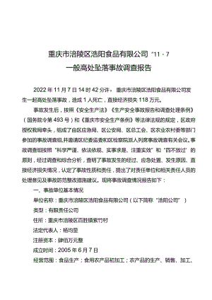 重庆市涪陵区浩阳食品有限公司“11·7”一般高处坠落事故调查报告.docx