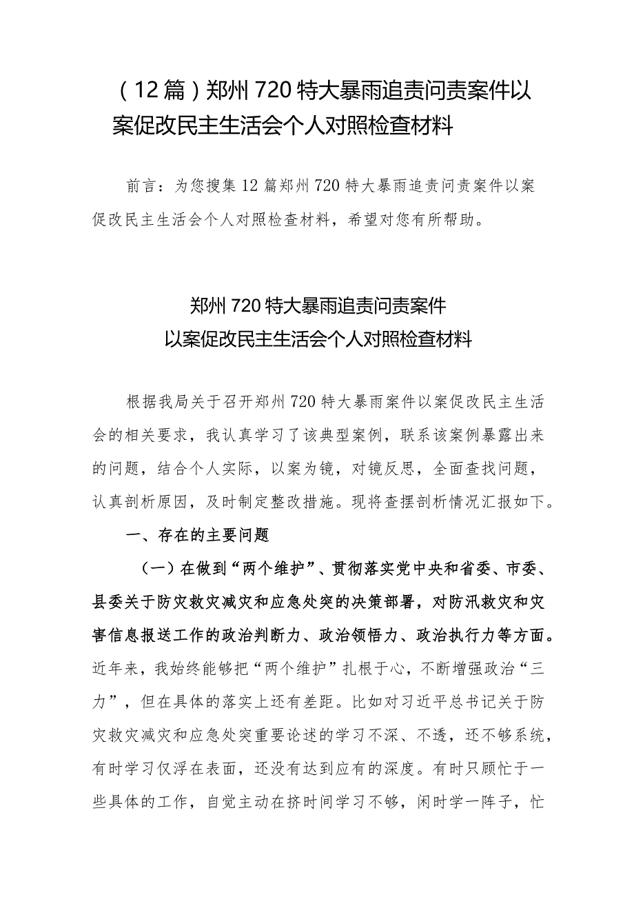 (12篇)郑州720特大暴雨追责问责案件以案促改民主生活会个人对照检查材料.docx_第1页