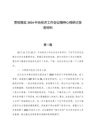 贯彻落实2024中央经济工作会议精神心得研讨发言材料（九篇）.docx