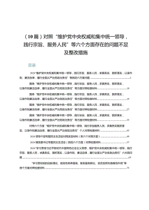 （10篇）对照“维护党中央权威和集中统一领导践行宗旨、服务人民”等六个方面存在的问题不足及整改措施.docx