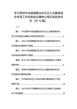 学习贯彻中央层面整治形式主义为基层减负专项工作机制会议精神心得交流发言材料(12篇合集).docx