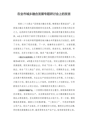 在全市城乡融合发展专题研讨会上的发言.docx