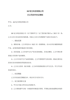 XX电力科技有限公司分公司合作协议模板（2024年）.docx